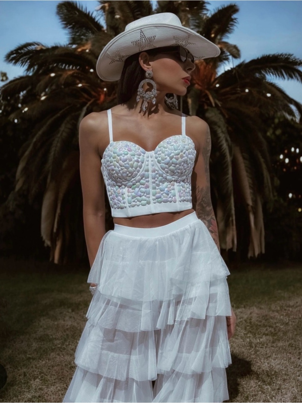 Lydia sz large White Embellished Bustier Crop Top with Iridescent Detailing